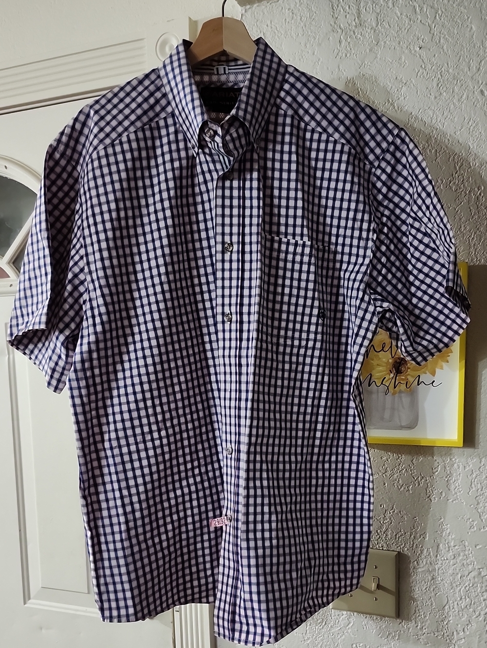 Ariat Pro Series Men's XL Short Sleeve Button Down Western Shirt Purple Gingham